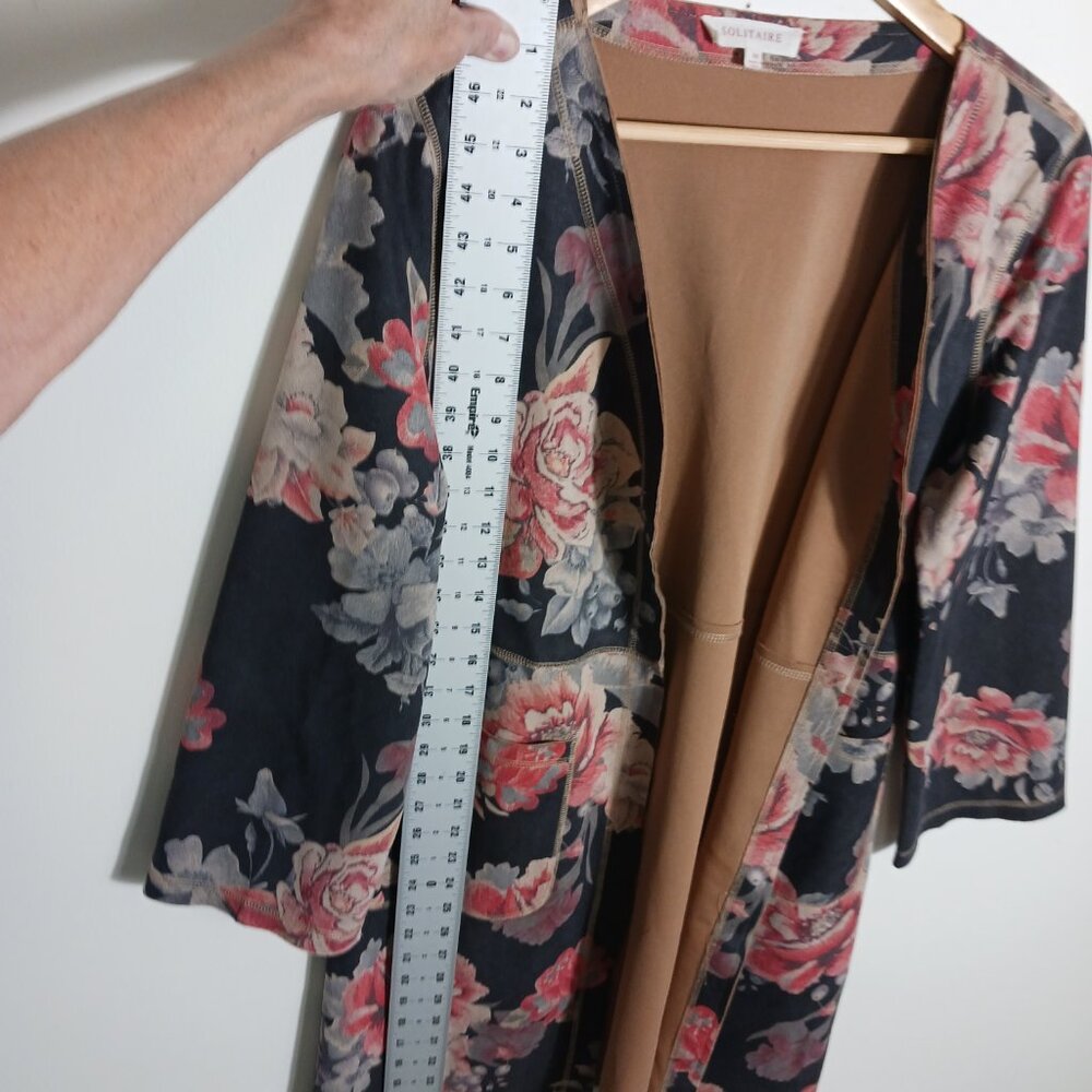 Solitaire, Anthropologie, Faux Suede Open Long Jacket, Gray/Brown w/ Floral, MED - Picture 14 of 16